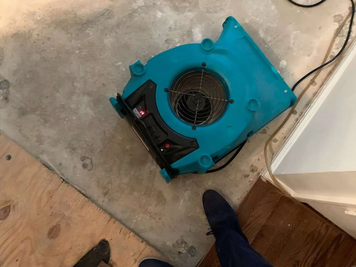 Air mover drying subfloor during Commercial Water Damage Restoration in Hayward